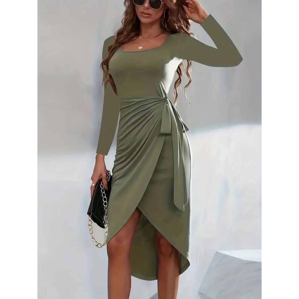 CAVOZEDA Wrap Front Tie Waist Bodycon Ruched Asymmetrical Hem Midi Dress Sz L